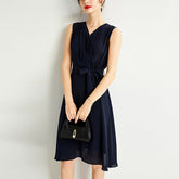 Womens Sleeveless Silk Wrap Midi Dress Flowing Hem Silk Dress